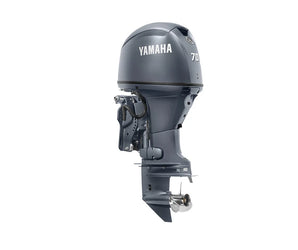 Yamaha 70 horsepower four-stroke outboard motor in side profile view on white background